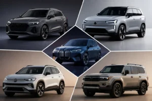 Top 5 upcoming car launches featuring premium SUVs and electric cars in a clean collage layout with modern design