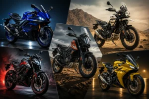 Upcoming bikes in India 2026 collage featuring Yamaha R3, KTM 390 Adventure, Bajaj Pulsar NS400, Hero Karizma XMR 250 and Royal Enfield Himalayan
