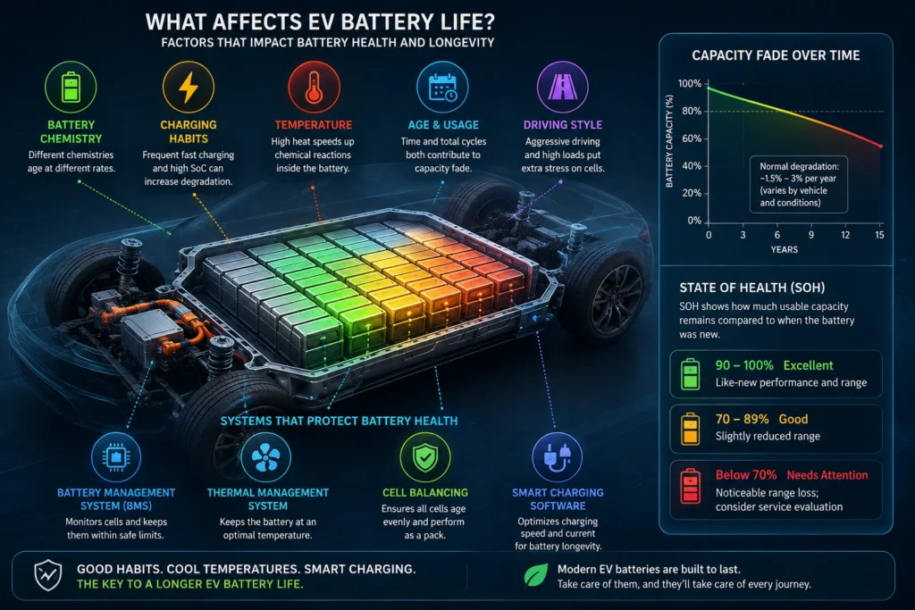 Factors affecting EV battery life including temperature, charging habits and battery chemistry