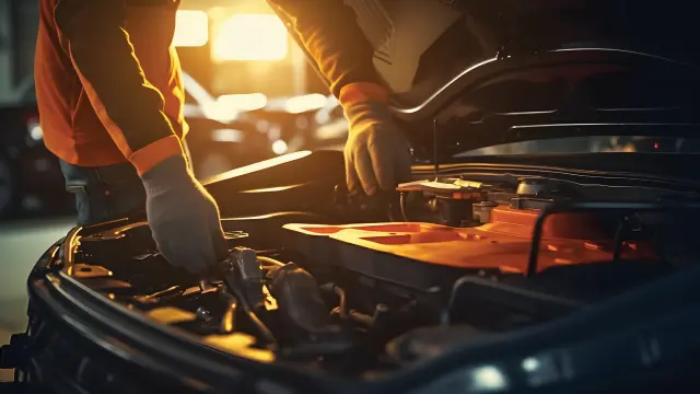 Mechanic inspecting a car's tyres, brakes, battery, and windshield wipers as part of monsoon car maintenance.