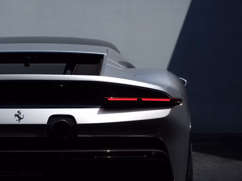 Rear view of Ferrari CZ26 showing slim LED taillights and aerodynamic bodywork