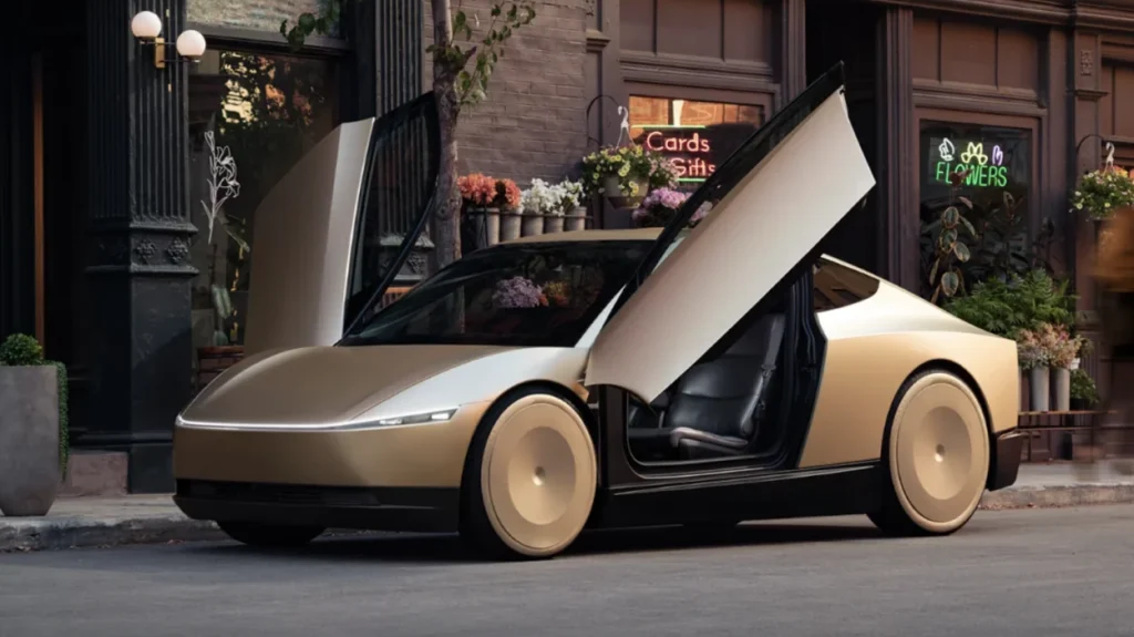 Tesla Cybercab robotaxi with doors open showing passenger-focused interior