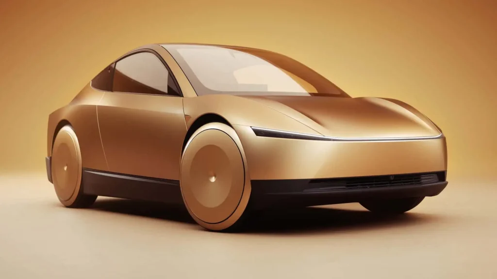 Tesla Cybercab autonomous robotaxi front three-quarter view