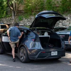 Tesla Robotaxi passenger entering a Model Y in Texas