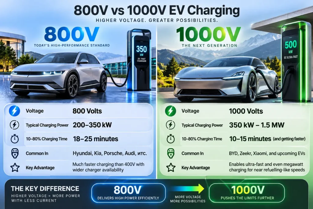 800V vs 1000V EV charging systems comparison infographic