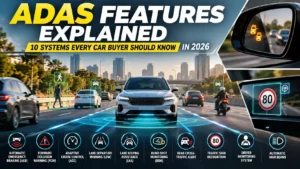 Modern car using ADAS features including lane detection, radar and vehicle monitoring