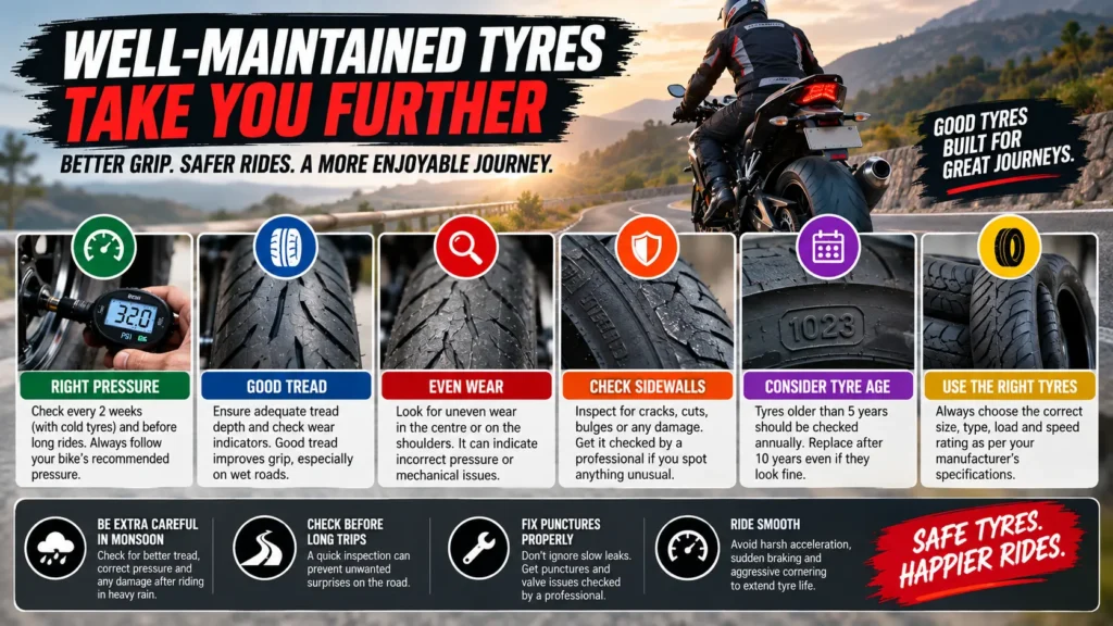 Bike tyre maintenance infographic showing pressure, tread, tyre wear, sidewall damage, tyre age and correct tyre selection