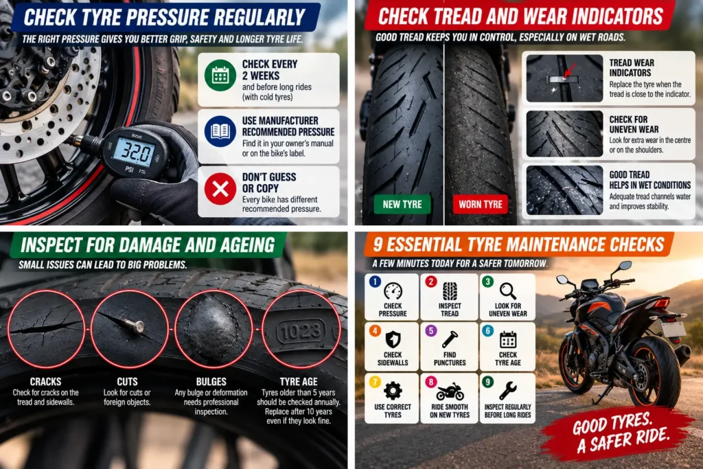 Bike tyre maintenance checklist covering tyre pressure, tread wear, damage, ageing and safe riding