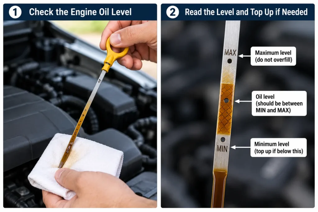 Checking engine oil level with a dipstick and reading MIN and MAX markings