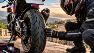 Rider checking motorcycle tyre condition during bike tyre maintenance