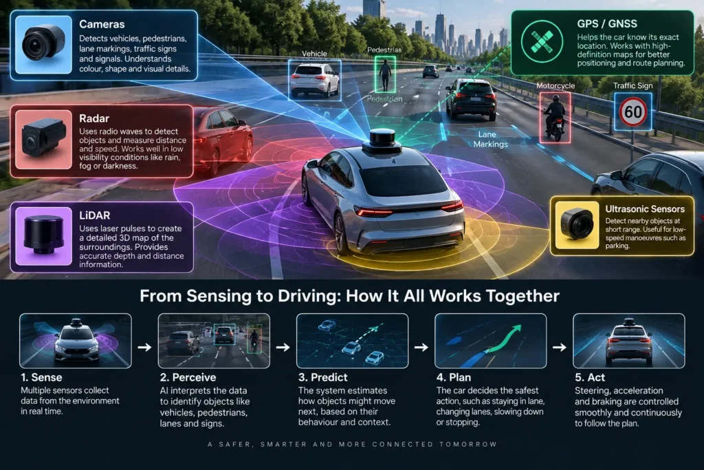 Autonomous driving system using cameras, radar, LiDAR and AI to understand the road