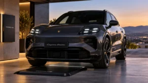 Porsche Cayenne Electric parked over a wireless charging pad