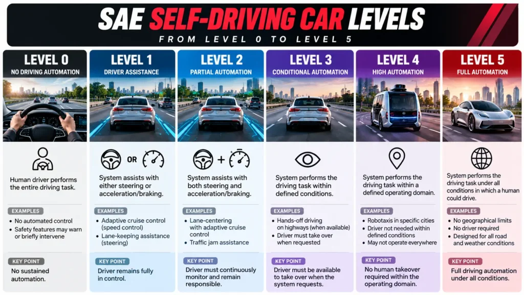 SAE self-driving car levels from Level 0 to Level 5