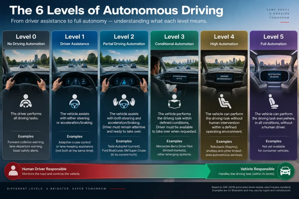 Infographic showing the six levels of autonomous driving from Level 0 to Level 5