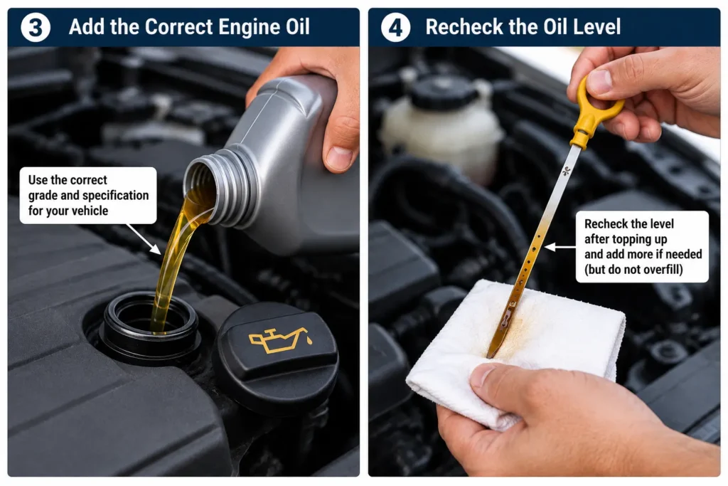Topping up engine oil and rechecking the oil level with a dipstick