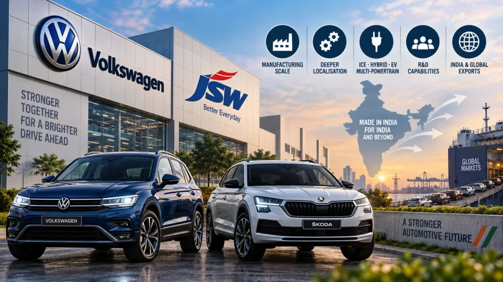 Volkswagen and Škoda vehicles representing the proposed JSW partnership in India
