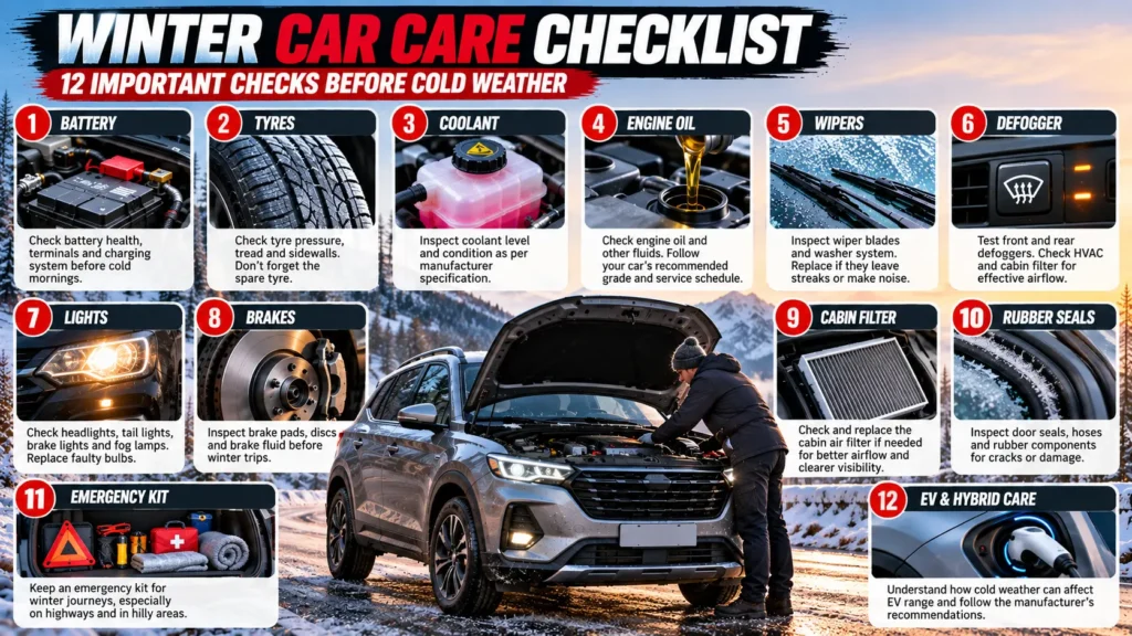 Winter car care checklist showing 12 checks including battery, tyres, coolant, engine oil, wipers, brakes and EV care