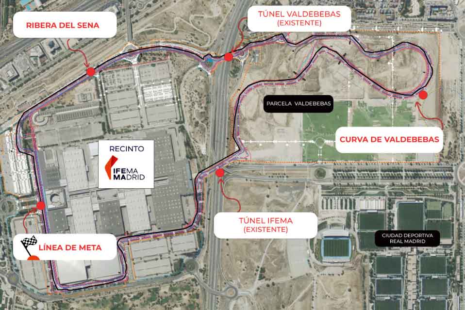 Aerial layout of the Madring Formula 1 circuit around IFEMA Madrid and Valdebebas