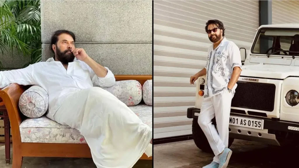 Mammootty standing beside a Land Rover associated with his car collection