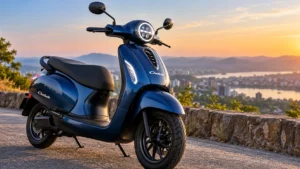 Bajaj Chetak review featuring the blue electric scooter parked at a scenic overlook