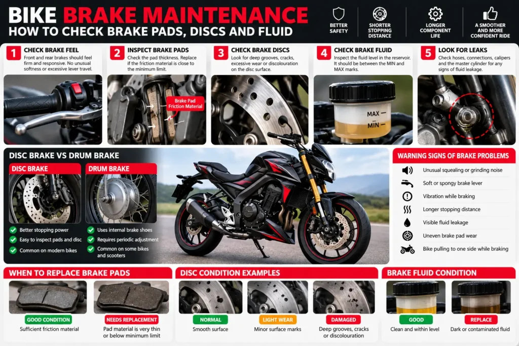 Motorcycle brake maintenance guide showing brake pads, discs, fluid and warning signs