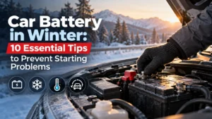 Car battery in winter being checked to prevent cold-weather starting problems