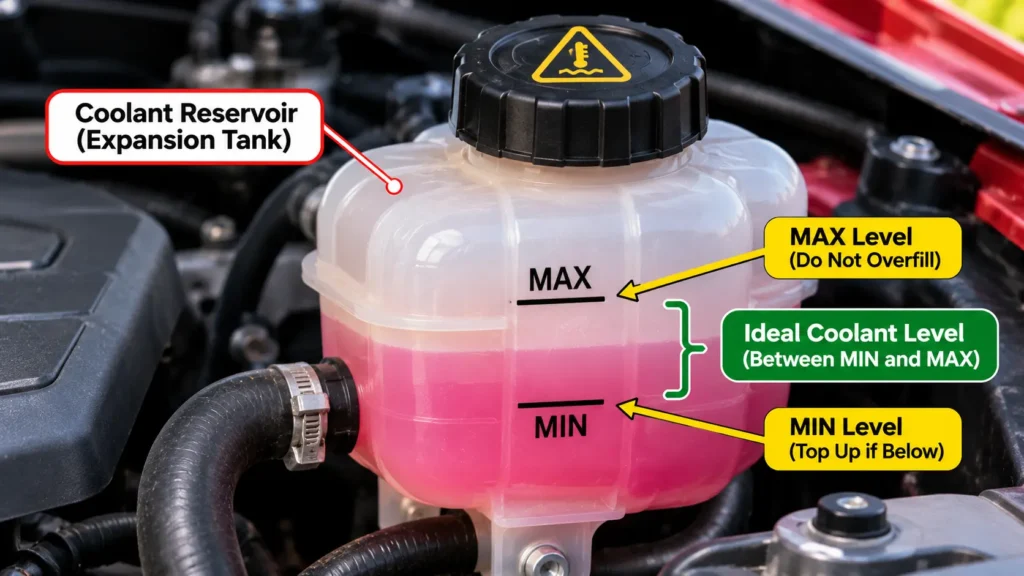 Car coolant reservoir showing MIN and MAX markings and the ideal coolant level.