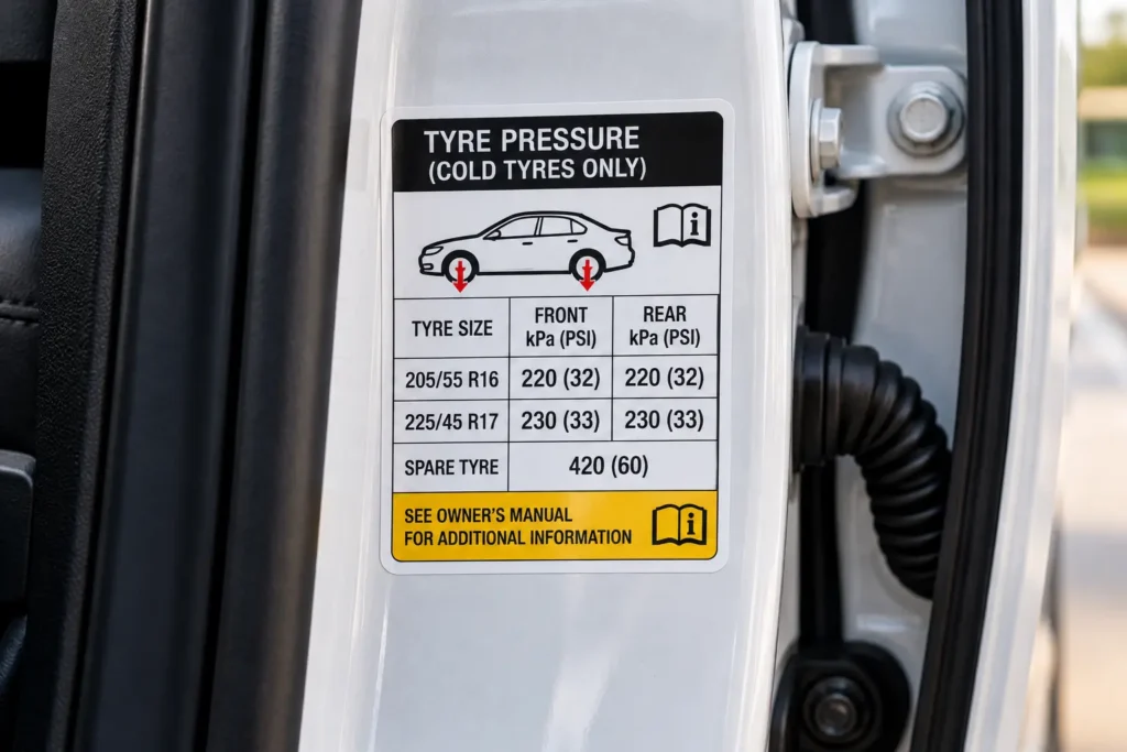 Car tyre pressure sticker showing recommended front and rear tyre pressures in PSI