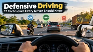 Defensive driving techniques shown on a busy multi-lane highway