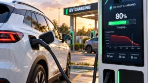 Electric car charging at a DC fast charger showing charging power tapering after 80 percent